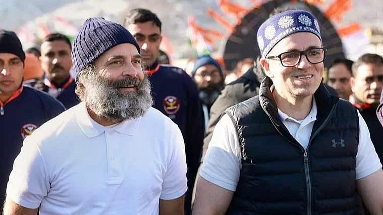 Congress MP Rahul Gandhi (left) with Jammu and Kashmir National Conference leader Omar Abdullah during the Bharat Jodo Yatra (photo courtesy @Maakarni4567/X)