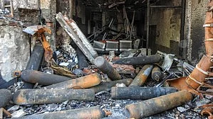 The charred remains outside children's hospital in Vivek Vihar on 26 May (photo: IANS)