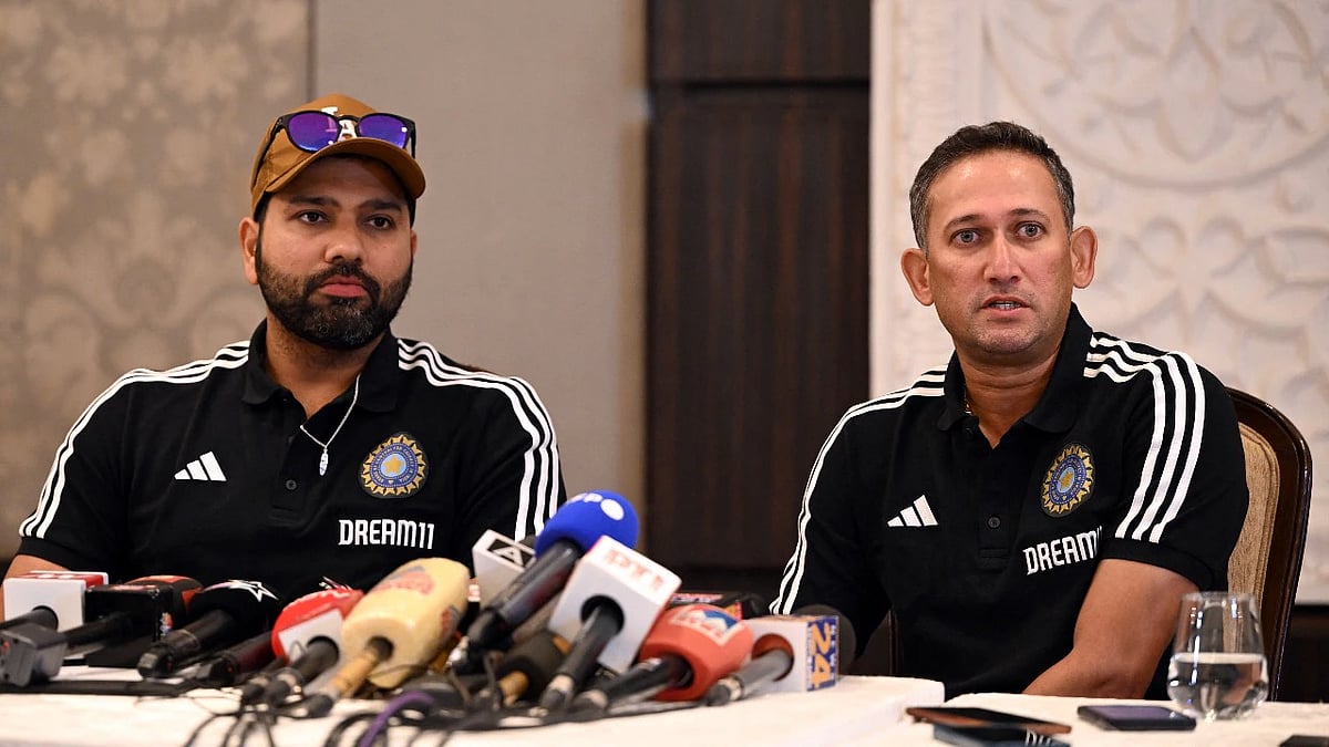 Rohit Sharma (left) and Ajit Agarkar at a press meet (photo: BCCI)
