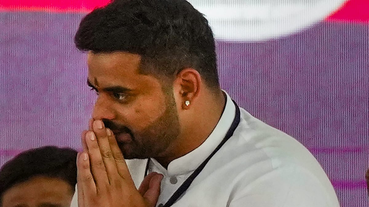 Prajwal Revanna attends a rally in Mysuru on 14 April (photo: PTI)