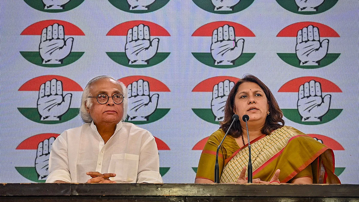 Jairam Ramesh and Supriya Shrinate attend a press meet in Delhi on 15 April (photo: PTI)