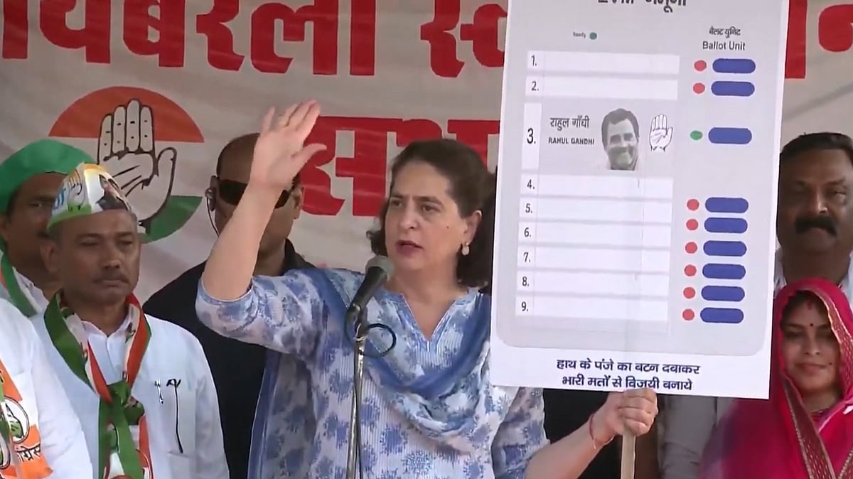 Screen grab of Priyanka Gandhi Vadra addressing a rally in support of her brother Rahul Gandhi in Raebareli (UP) on 12 May (@priyankagandhi/X)