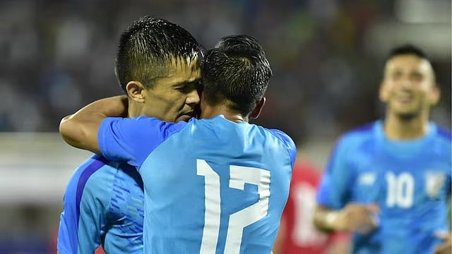 Lallianzuala Chhangte hugs Sunil Chhetri during the Intercontinental Cup final in 2023 
