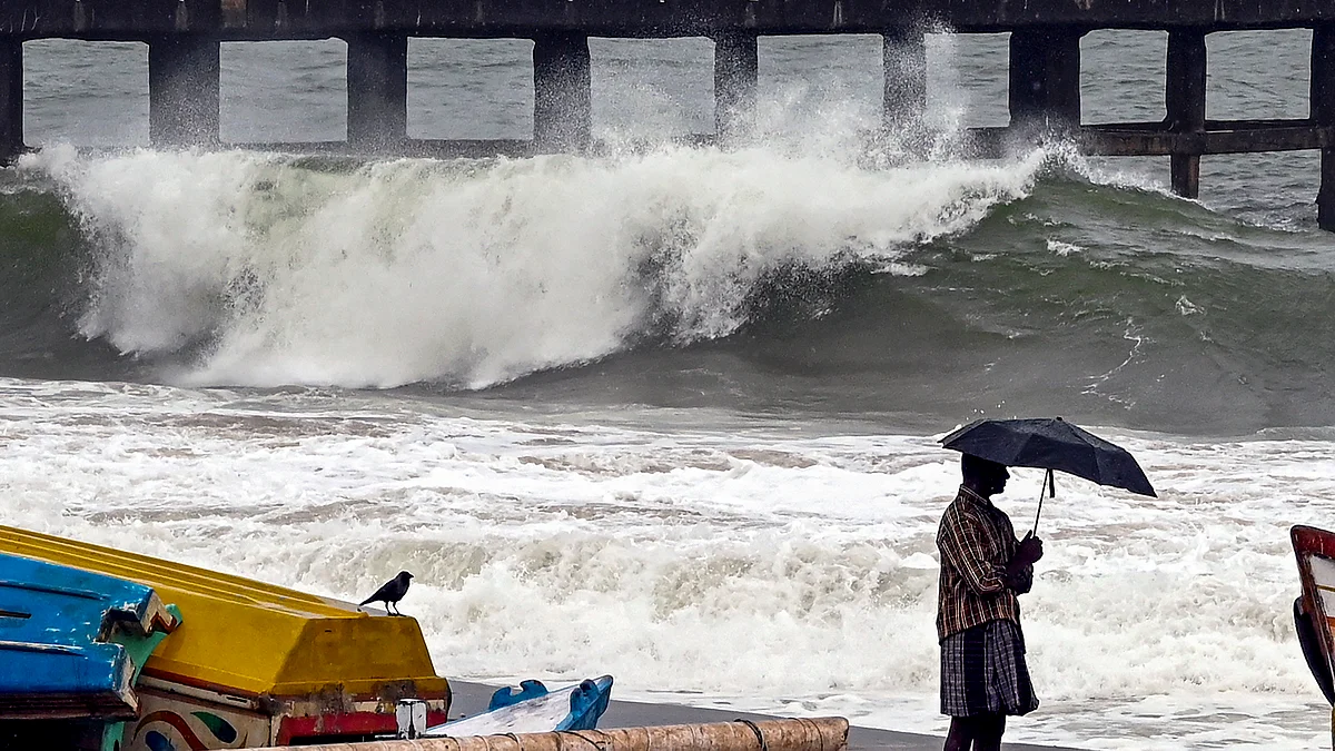 Representative image of a fisherman at the sea coast amid a rough sea alert issued by the Indian National Centre for Ocean Information Services (INCOIS) that prevented fishing, in Thiruvananthapuram