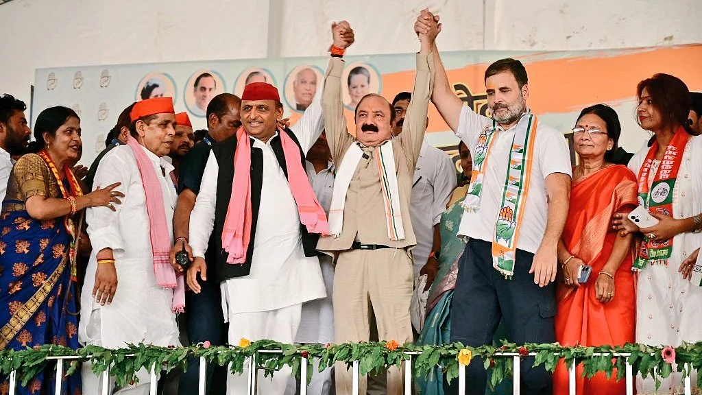 Kishori Lal Sharma (centre) contests from Amethi, supported by both Rahul Gandhi (his left) and Akhilesh Yadav (his right) (photo courtesy @KLSharmaAmethi/X)