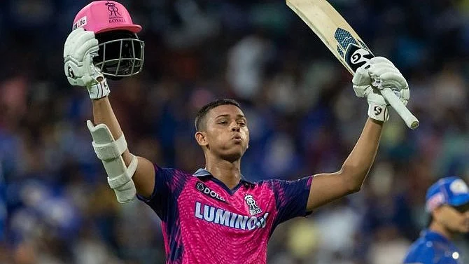 Yashasvi Jaiswal after scoring his century during an IPL match (photo: BCCI)