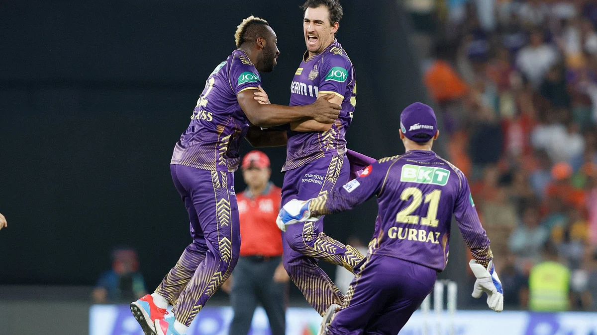 KKR's Mitchell Starc, Andre Russell, Ramanullah Gurbaz leap in joy over Travis Head's wicket 