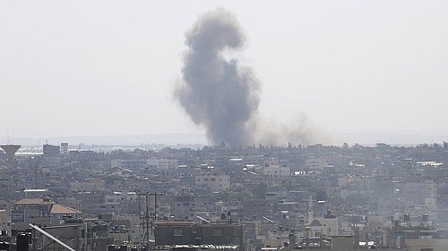 Smoke rises after an Israeli airstrike in the southern Gaza Strip city of Rafah on October 15, 2023 (photo: IANS)