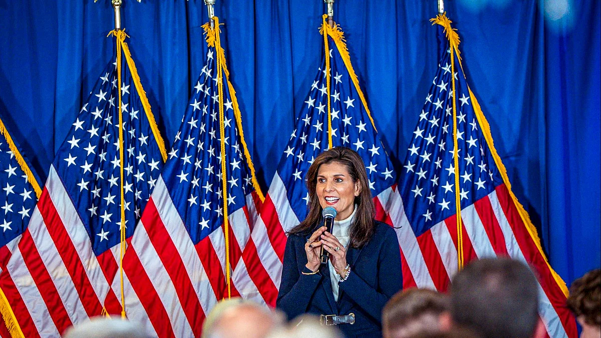 Nikki Haley speaks at a campaign event in Portland on 3 March (photo: PTI)