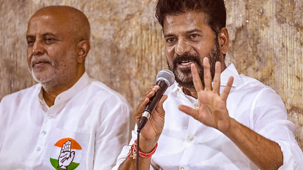 Telangan CM A. Revanth Reddy addresses a press conference, in Hyderabad on 1 May (photo: PTI)