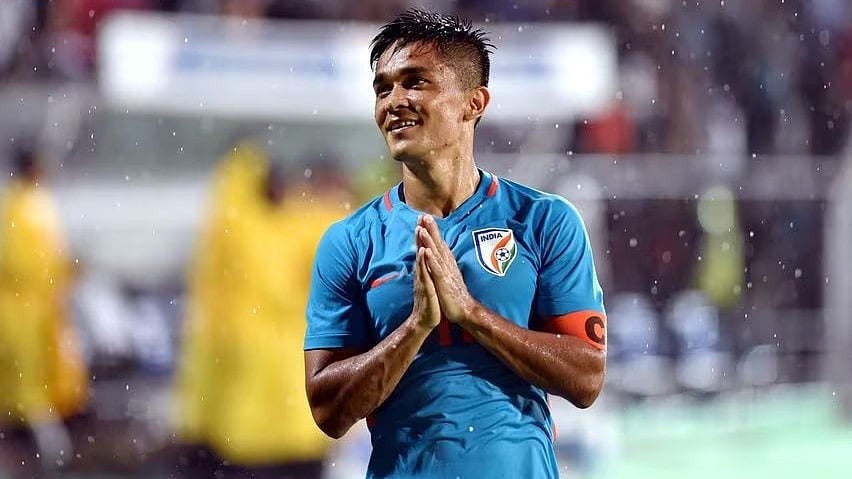 Sunil Chettri reacts during a football match (photo courtesy: AIFF)