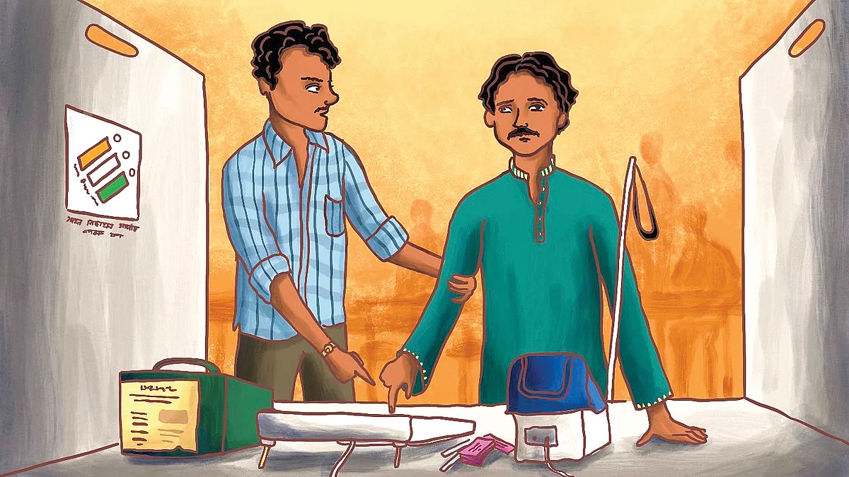 At many polling booths, the visually disabled can't vote confidently (illustration: Antara Raman/PARI) 