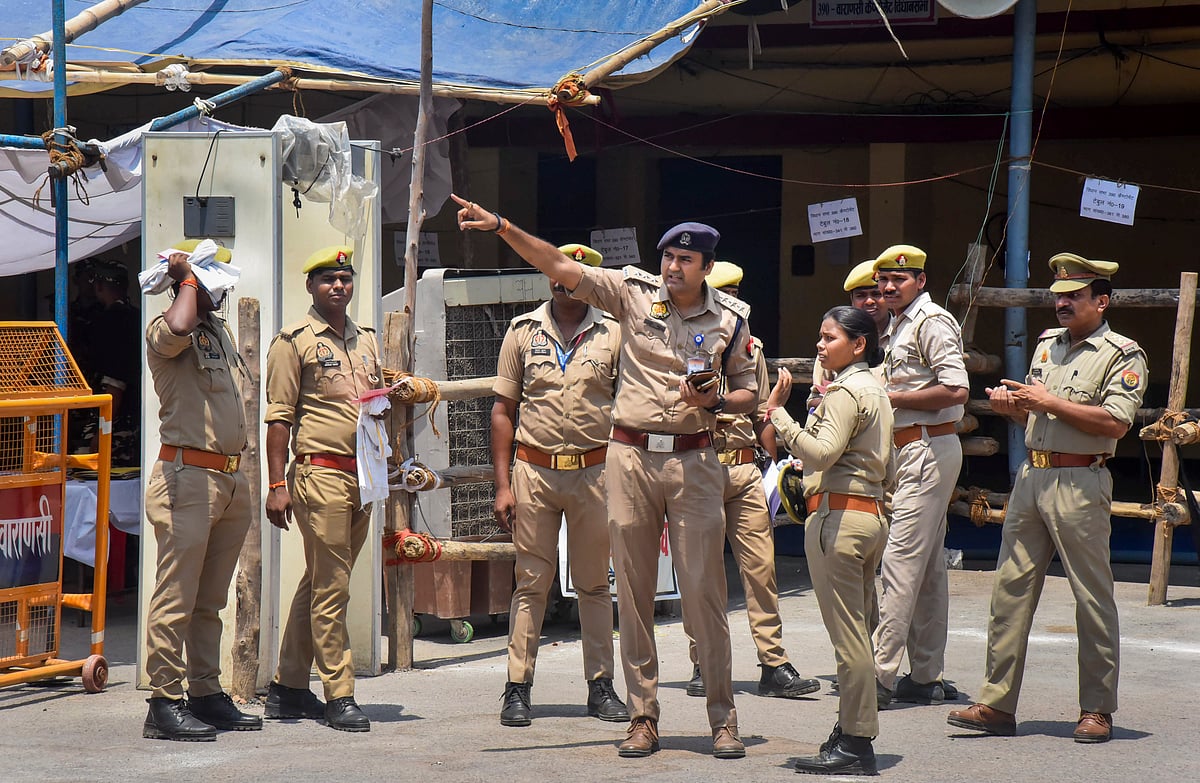Police presence at a counting centre in Varanasi (photo: PTI)