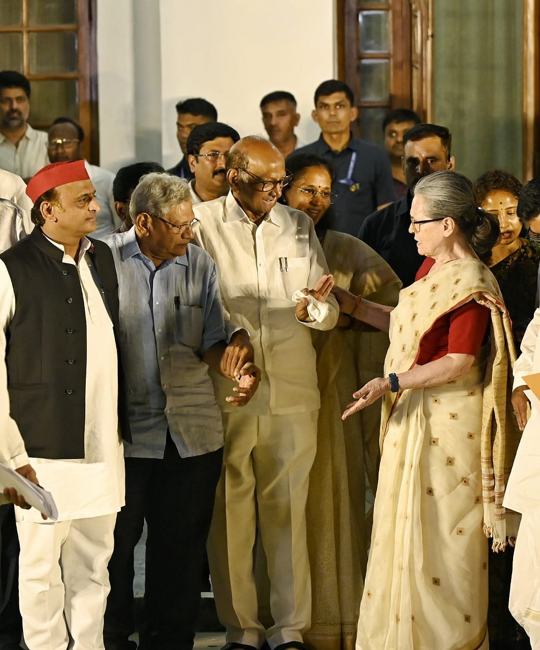 From left: Akhilesh Yadav, Sitaram Yechury, Sharad Pawar, Supriya Sule, Sonia Gandhi