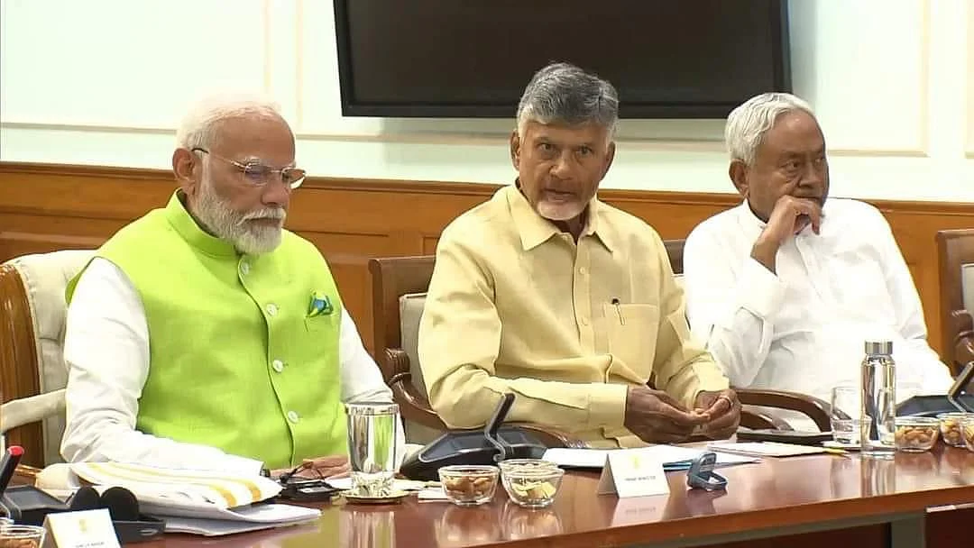 L–R: Narandra Modi, Chandrababu Naidu of Andhra, Nitish Kumar of Bihar (photo: @IDREESSABRAAR/X)