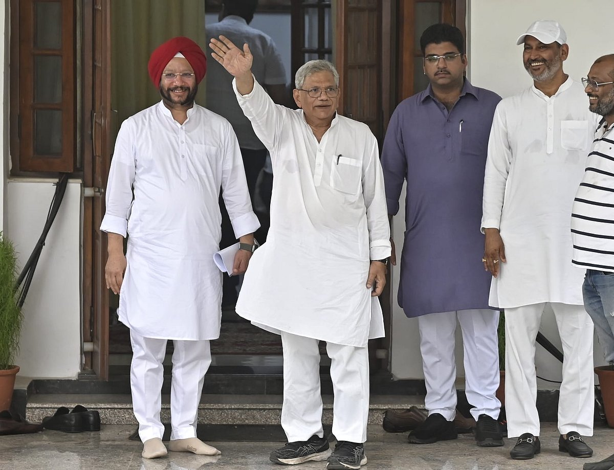 Sitaram Yechury of the CPI(M) waves on arrival