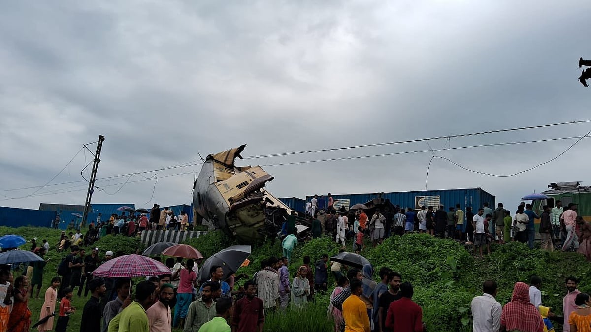 The mangled goods train that crashed into the Kanchanjunga Express (photo: @nistula/X)