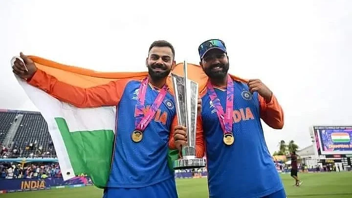 Rohit Sharma and Virat Kohli after winning the ICC Men's T20 World Cup title (photo: ICC)