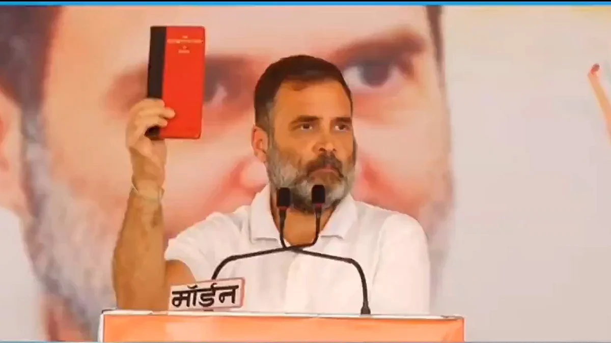 Rahul Gandhi holding a copy of the pocket edition of the Constitution. Photo: @INCIndia/X