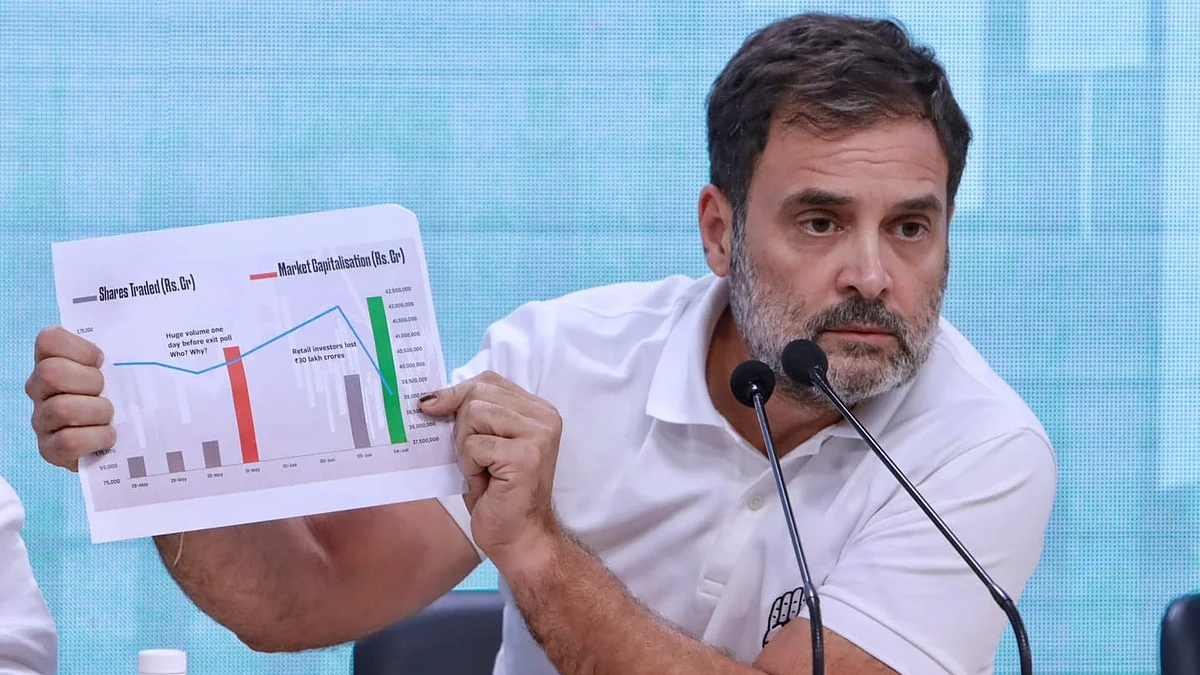 Rahul Gandhi holds up a graph of the stock market crash due to ext polls (photo: Vipin/NH) 