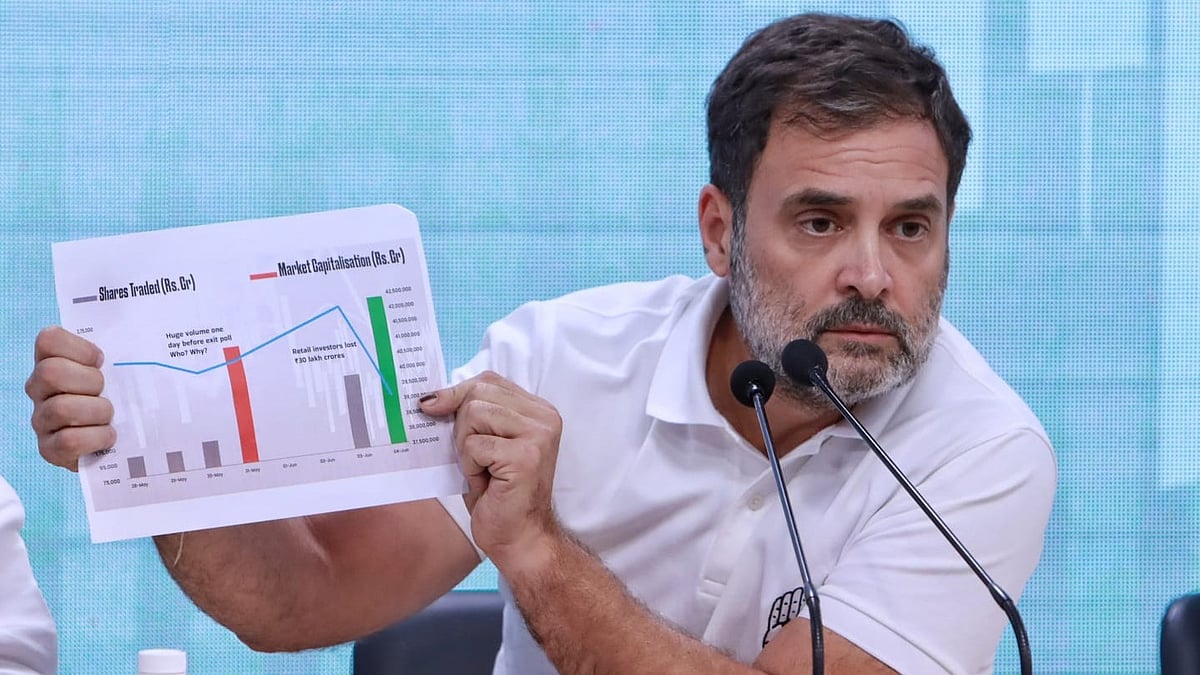 Rahul Gandhi holds up a graph of the stock market crash due to ext polls (photo: Vipin/NH) 