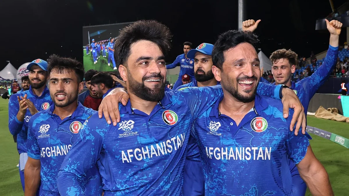 A jubilant Afghanistan team after reaching semi-final of T20 World Cup (photo: ICC) 