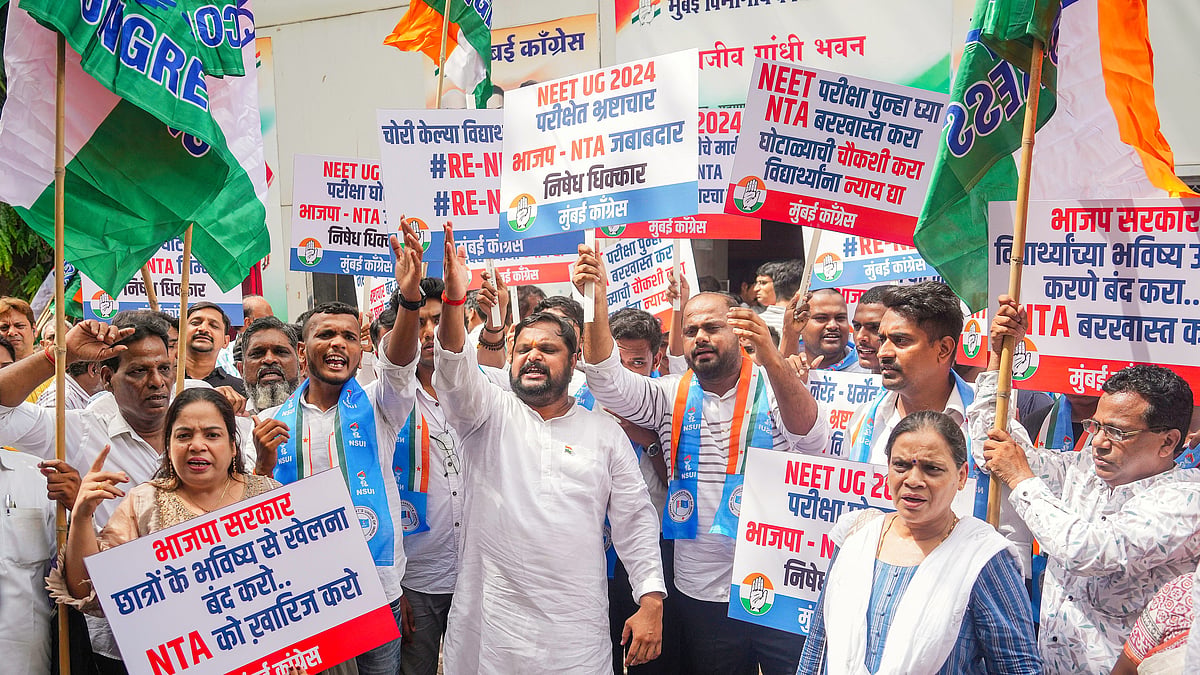 Congress workers stage a protest against NEET-UG exam irregularities, in Mumbai (photo: PTI)