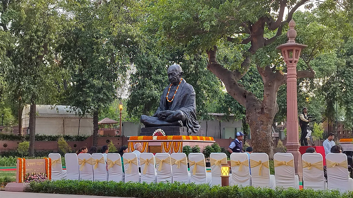 Mahatma Gandhi's statue during the inauguration of the 'Prerna Sthal' at the Parliament House complex
