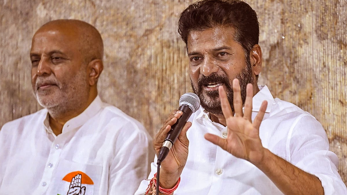 A. Revanth Reddy addresses a press conference in Hyderabad on 1 May (photo: PTI)