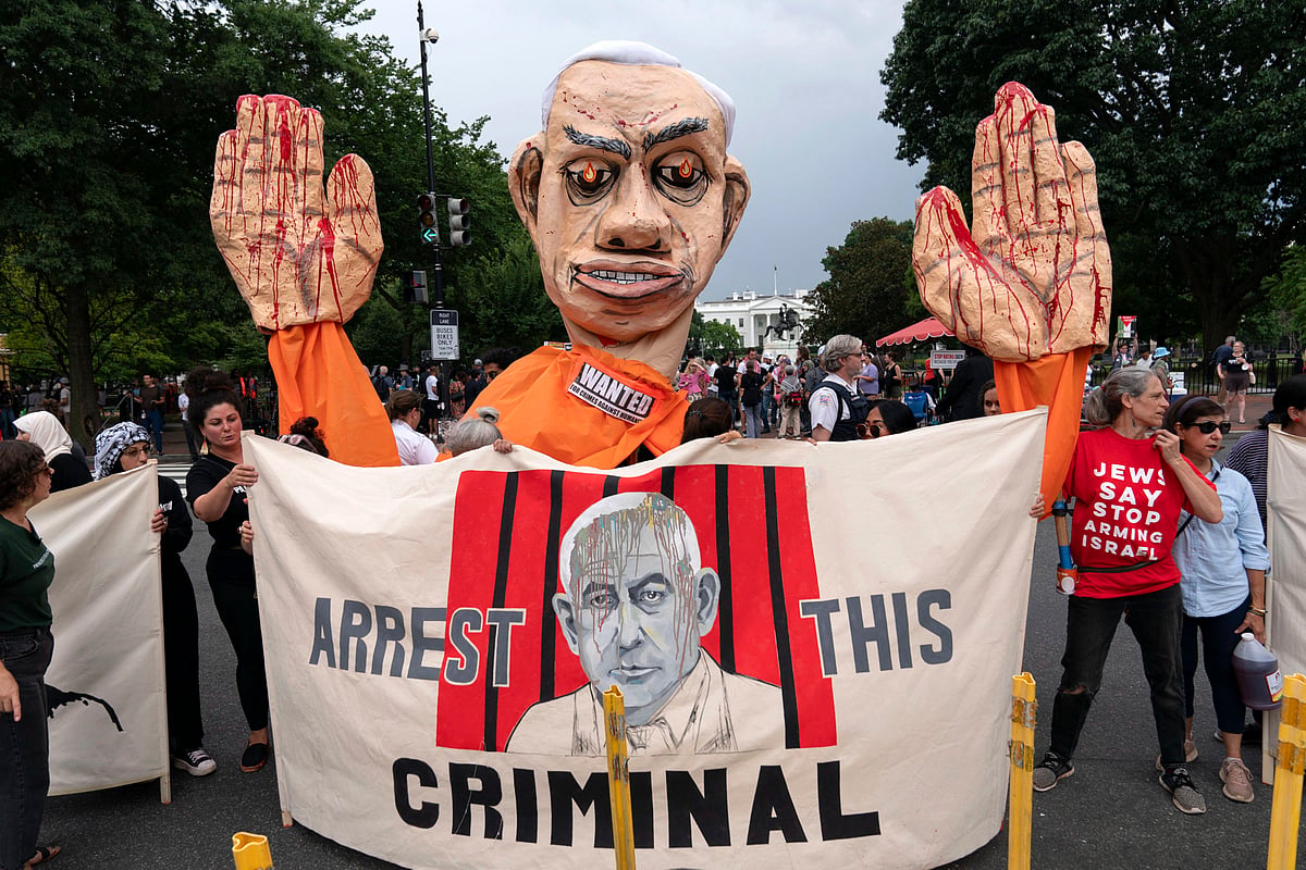 Demonstrators protest the visit of Israeli PM Benjamin Netanyahu to the White House during a rally (photo: PTI)