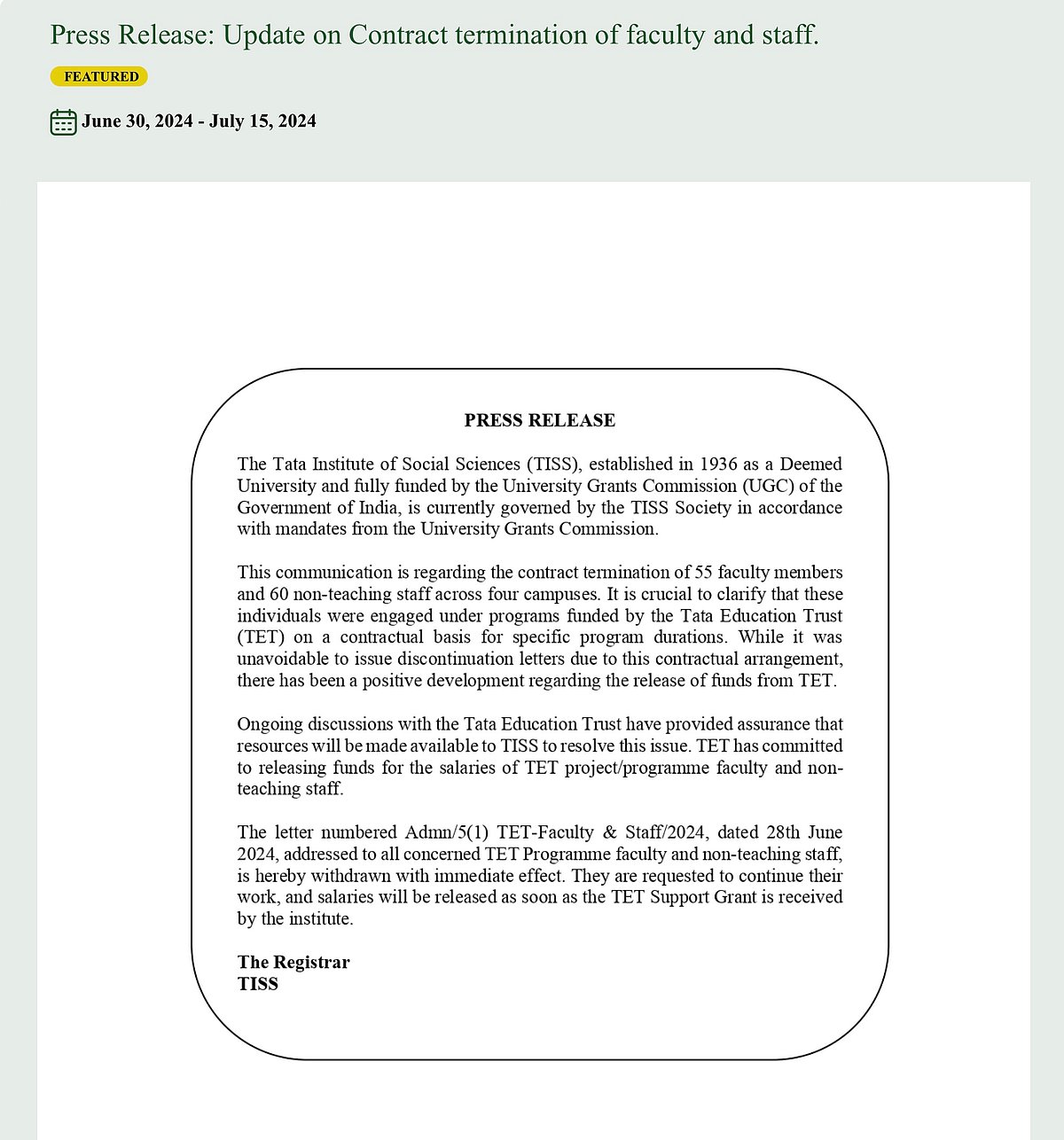 Screen grab of the press release