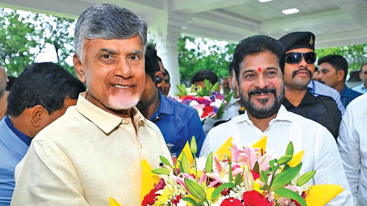 Telangana CM Revanth Reddy (right) with Andhra Pradesh CM Chandrababu Naidu
