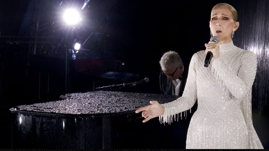 Screengrab of Celine Dion, on stage at the opening ceremony. 