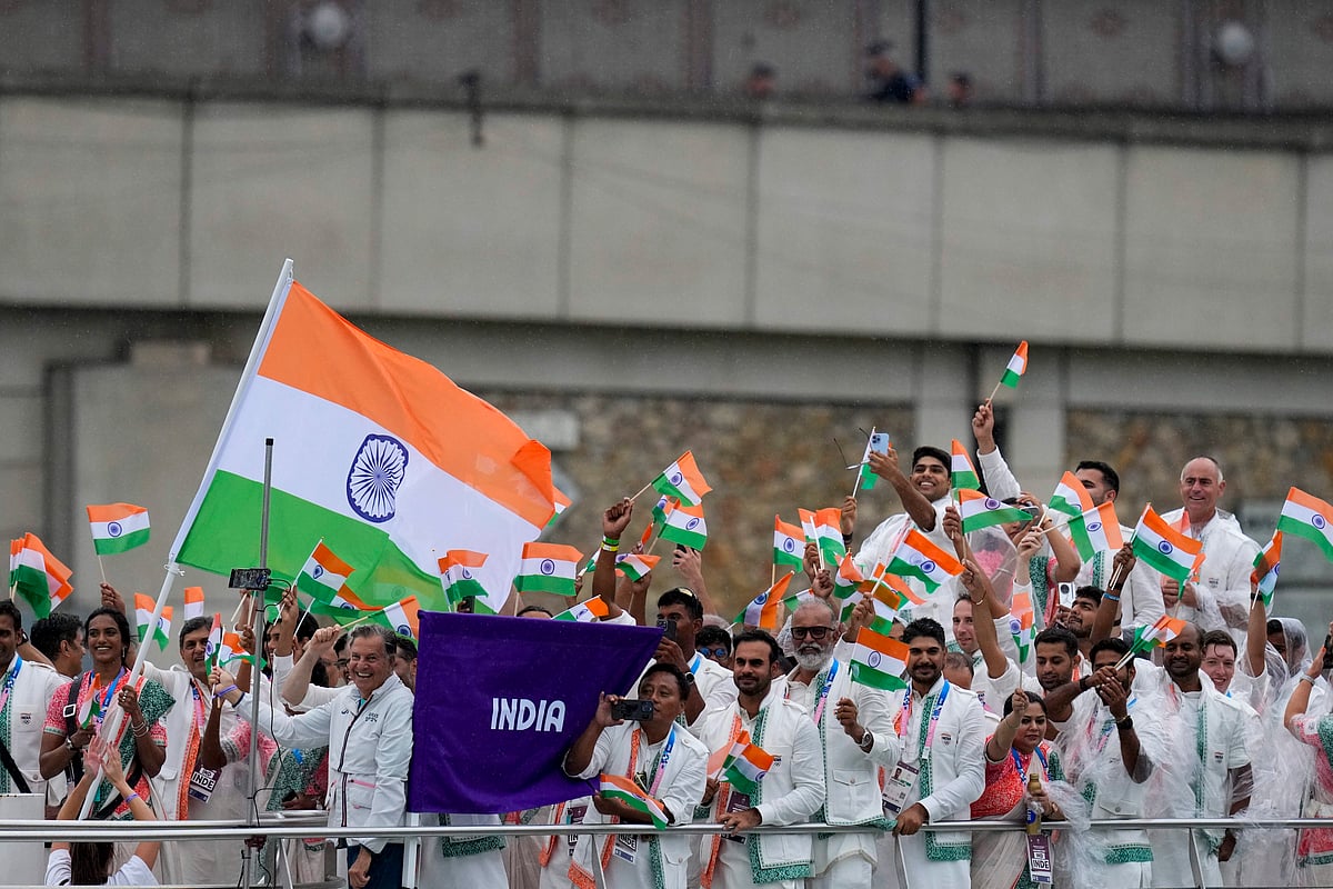 Team India travel along the Seine River in Paris, France, during the opening ceremony of the 2024 Summer Olympics