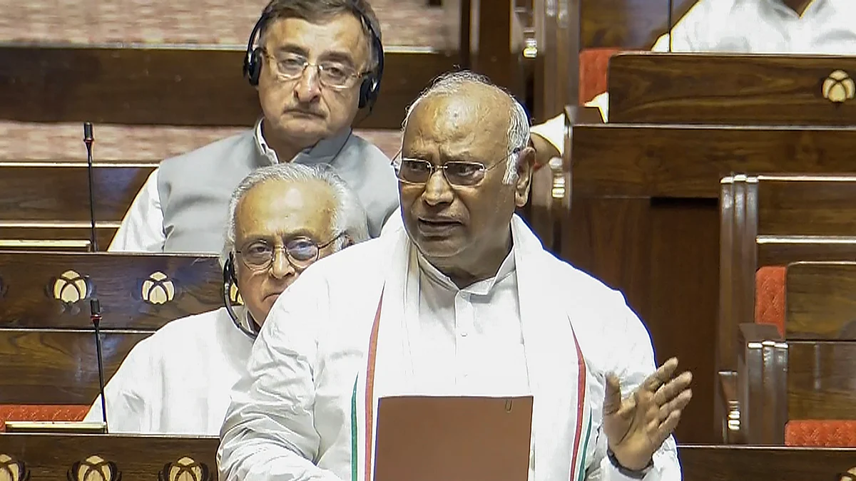 Mallikarjun Kharge speaks in the House during the Monsoon session of Parliament, 30 July (photo: PTI)