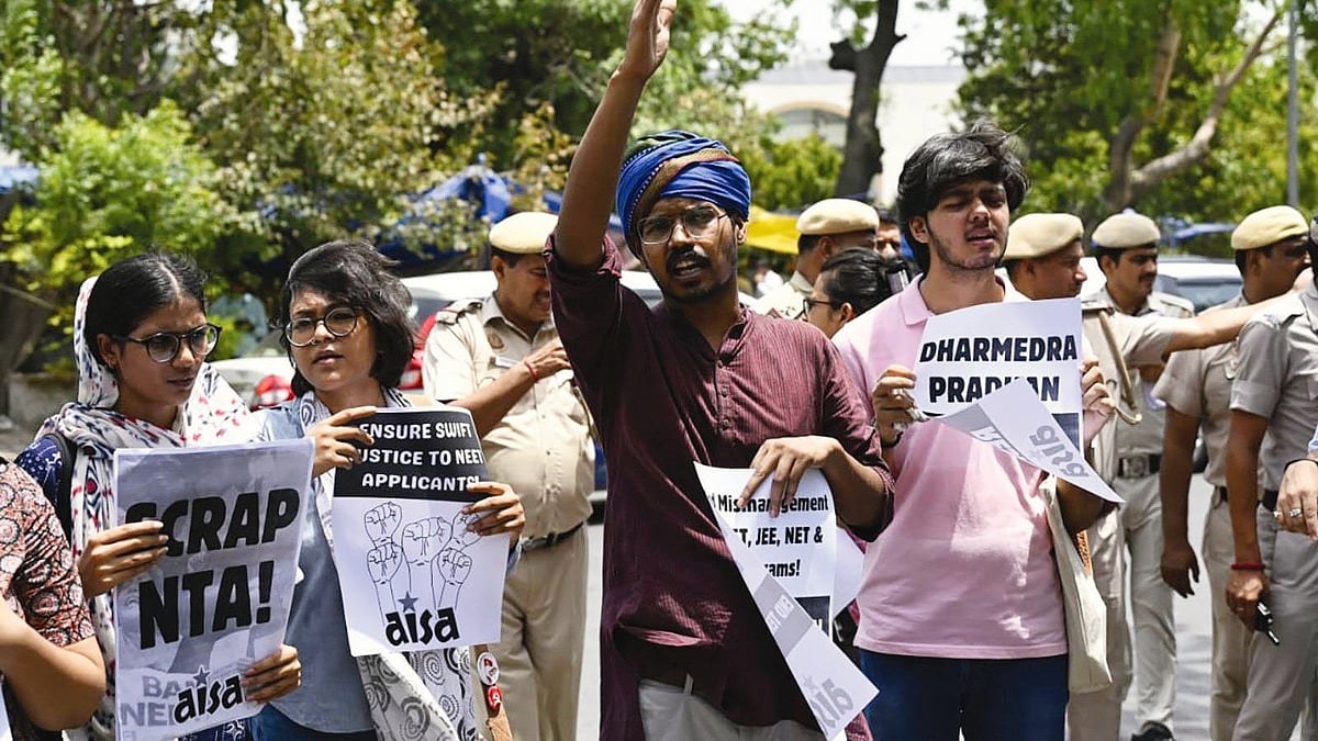 A student demonstration in New Delhi against the NEET question paper leak 