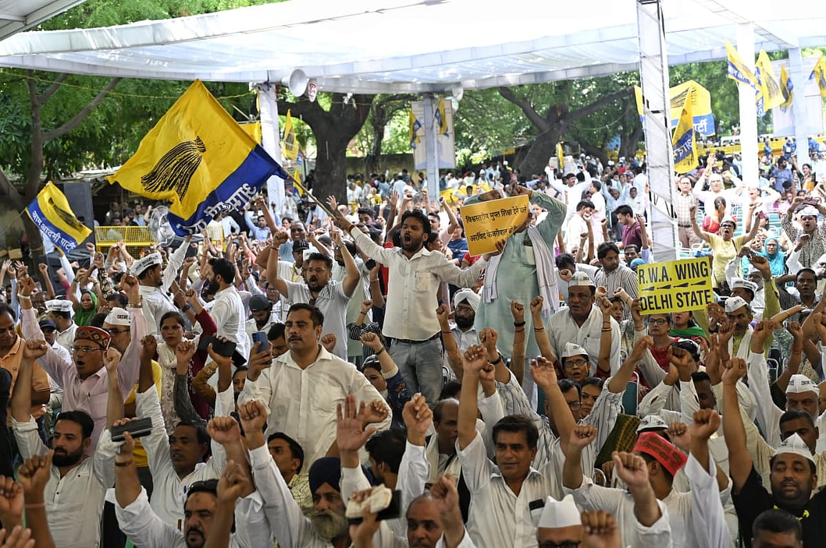 Slogans of "Bharat Mata Ki Jai" and "End dictatorship" were raised during the protest rally called by the AAP (photo: Vipin/National Herald)