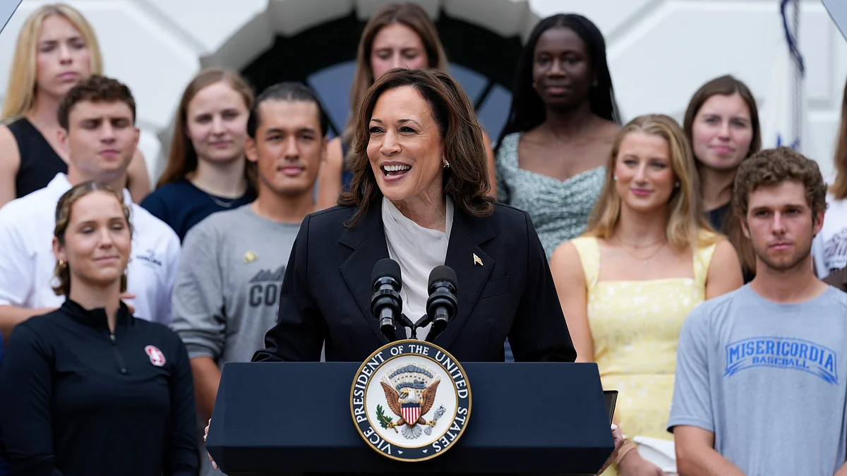 Kamala Harris speaks from South Lawn of White House in Washington on 22 July (photo: PTI)
