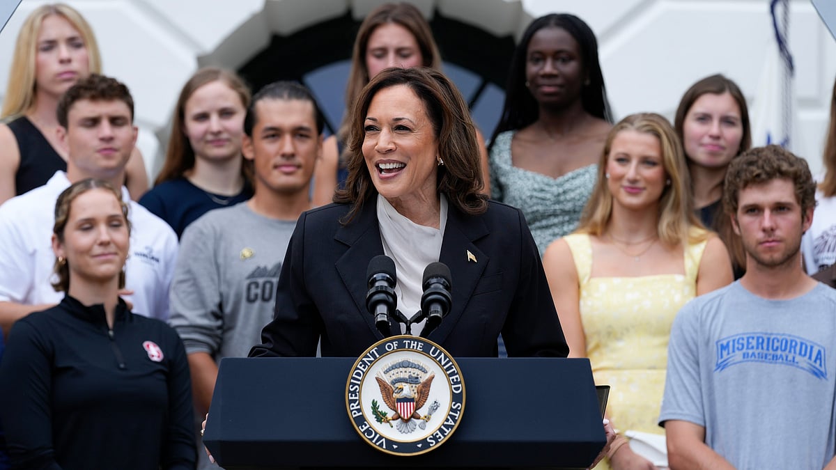 Kamala Harris speaks from South Lawn of White House in Washington on 22 July (photo: PTI)
