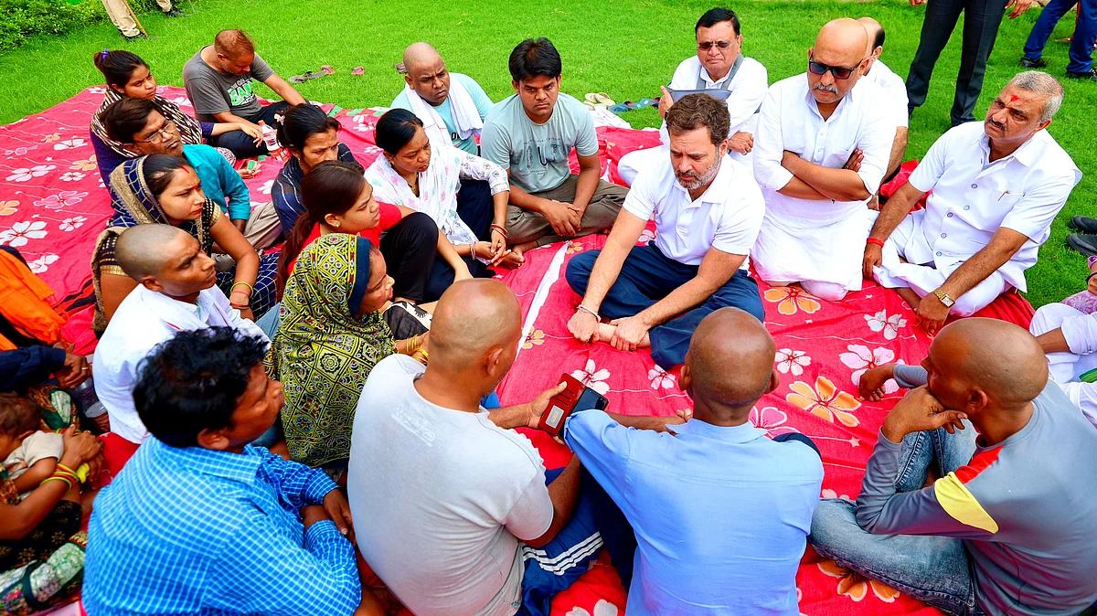 Rahul Gandhi meets families of Hathras stampede victims in Pilkhana, Aligarh (photo: PTI) 