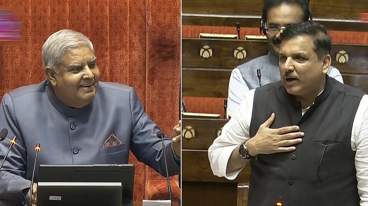 Jagdeep Dhankhar and Sanjay Singh during Parliament session in New Delhi on 1 July (photo: PTI)
