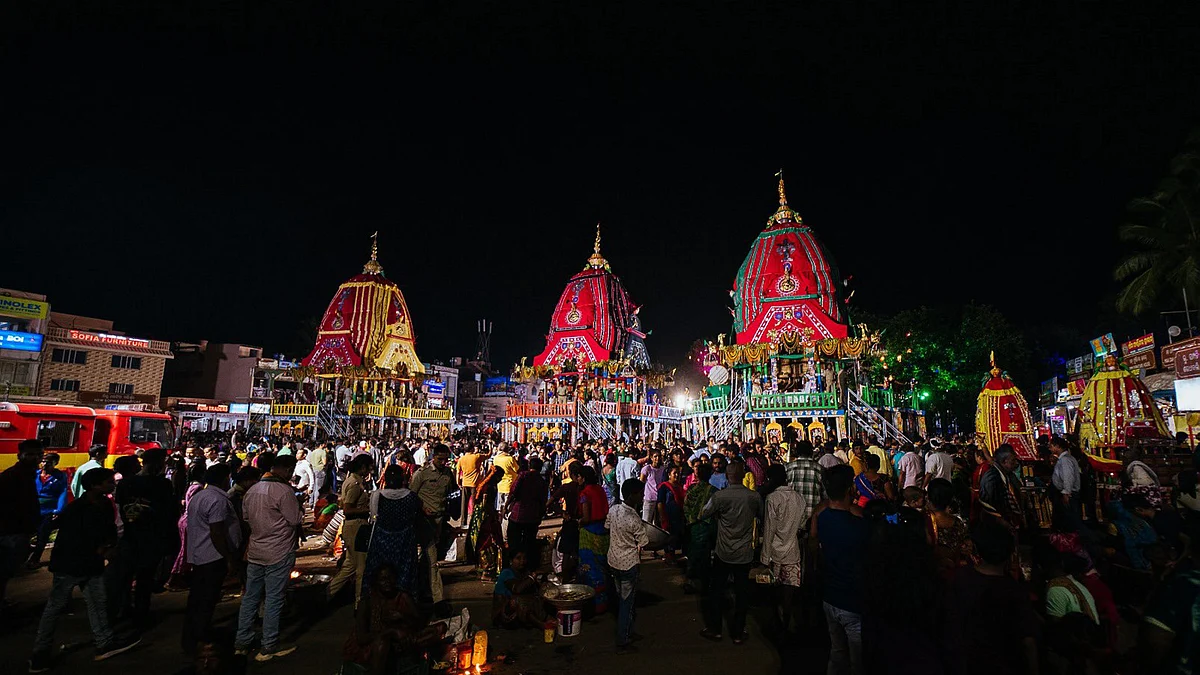 Devotees gather around the chariots in Puri (photo: PTI)
