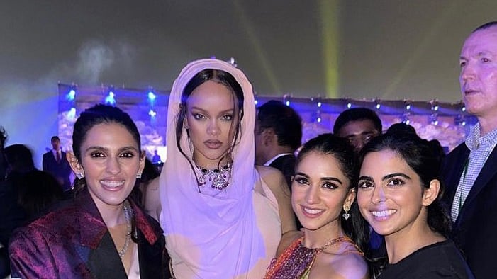 From left: Shloka Mehta, Rihanna, Radhika Merchant and Isha Ambani at Jamnagar