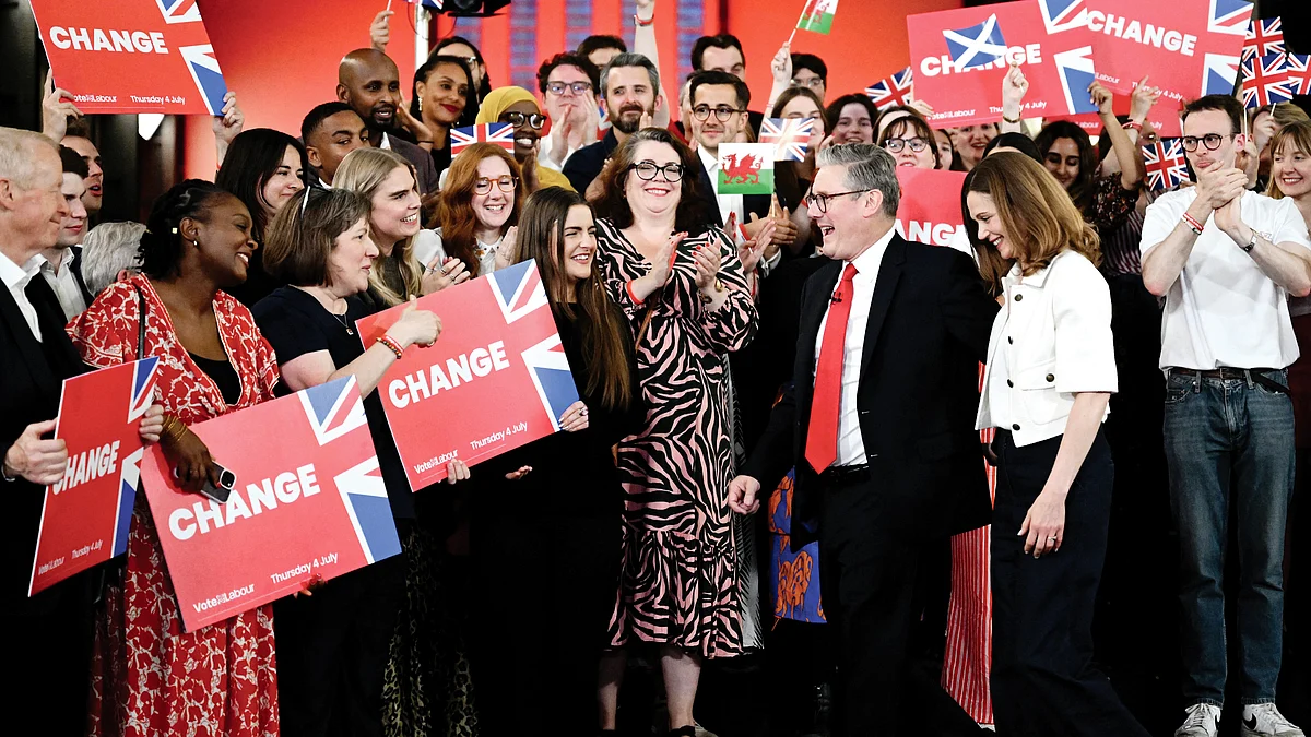 Britain’s new PM Keir Starmer and wife Victoria at a victory rally in London