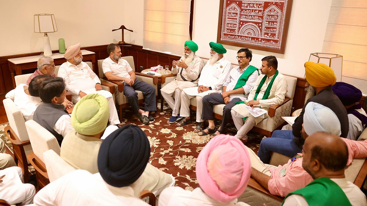 Farmer leaders from six states, meeting Rahul Gandhi in parliament house complex (photo: @INCIndia/X)