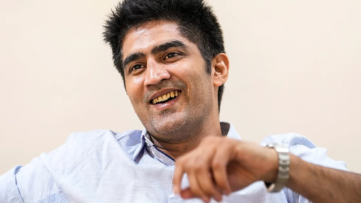 Vijender Singh speaks during an interview in New Delhi on 25 July (photo: PTI)