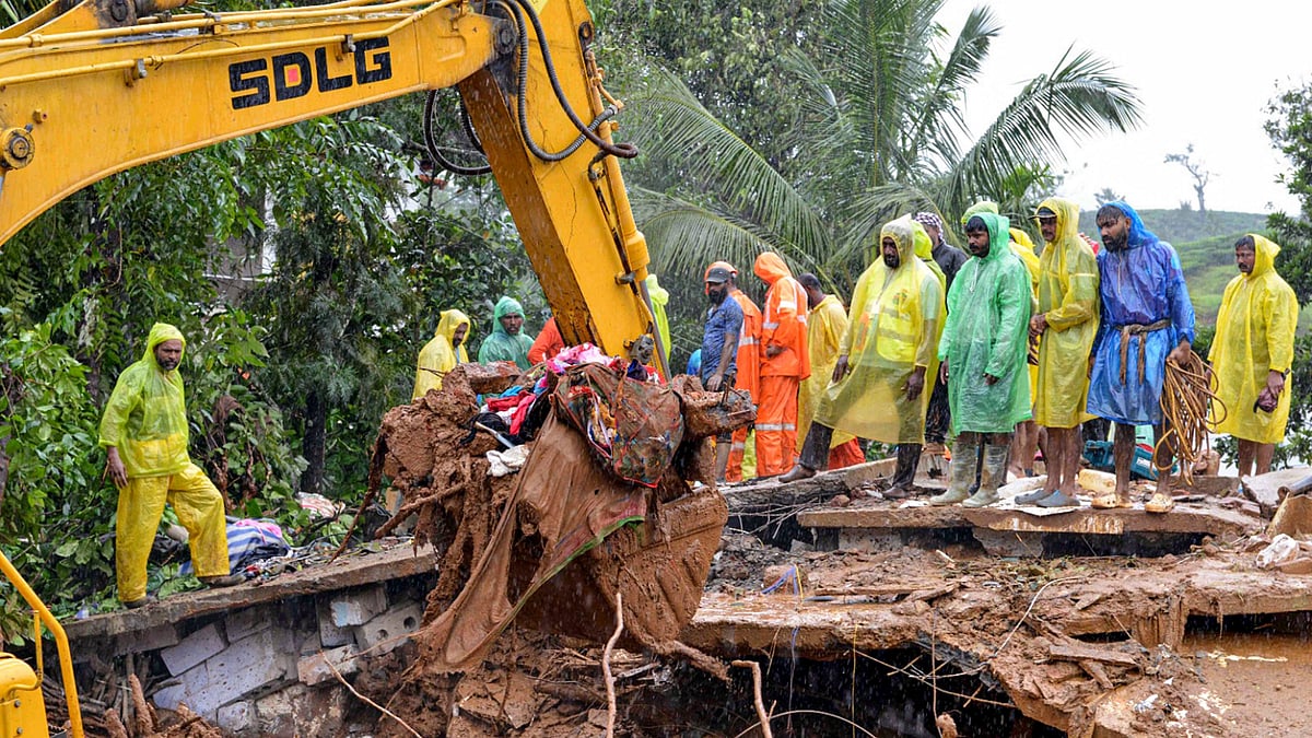 Search and rescue work underway following landslide triggered by heavy rain at Chooralmala, in Wayanad 
