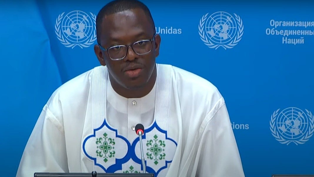 Michael Imran Kanu speaks to reporters on Thursday, 1 August, 2024, at the UN