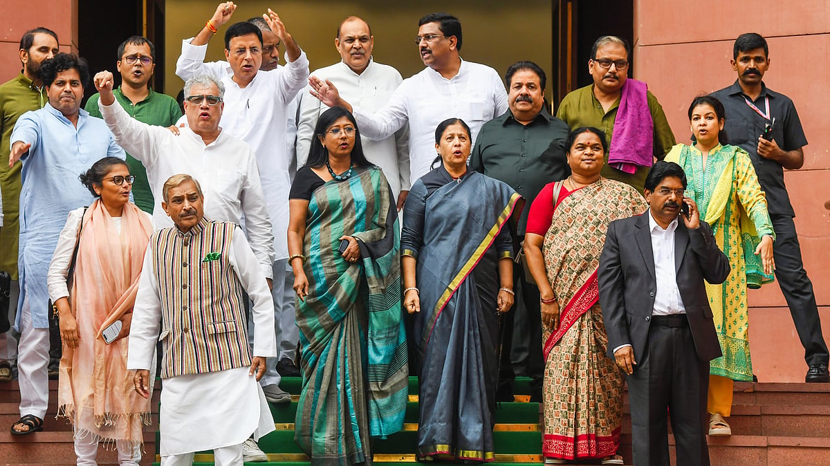 INDIA bloc MPs walk out of Parliament demanding justice for wrestler Vinesh Phogat (photo: PTI)