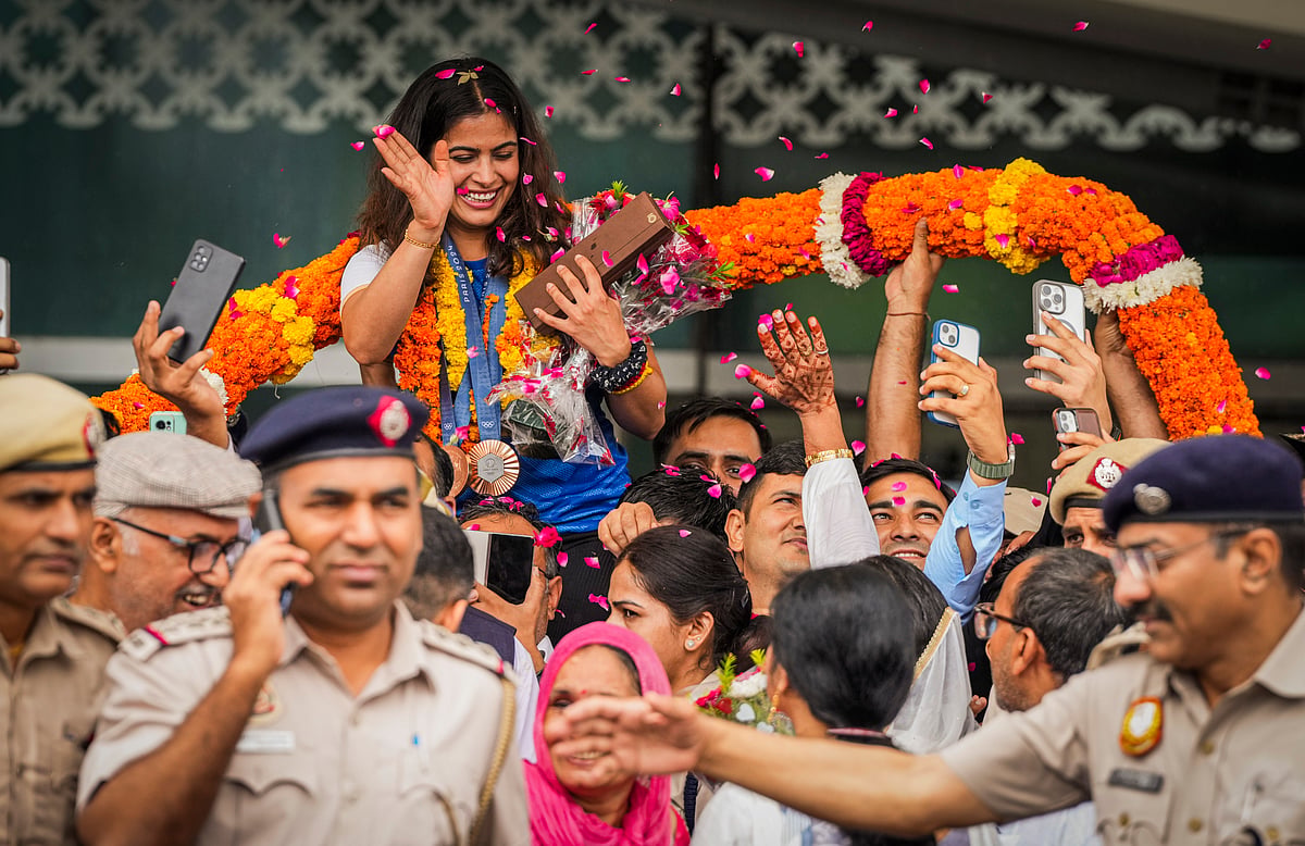 Bhaker, India's first to win two Olympic medals in a single edition, arrived Delhi 